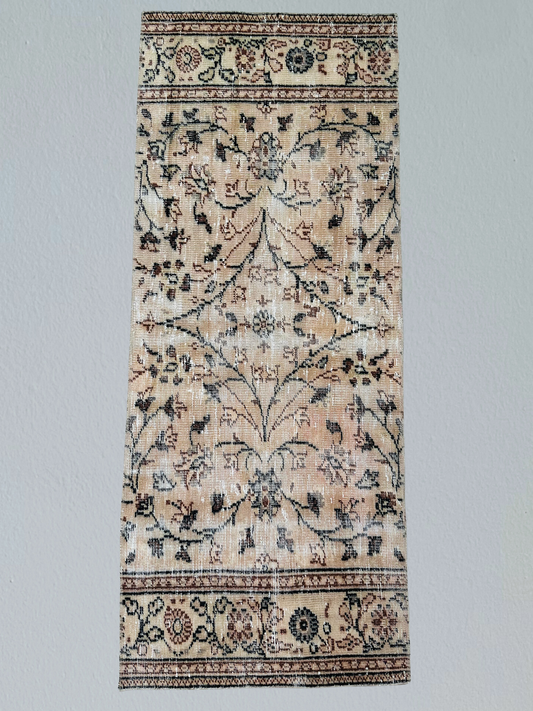 Beige, Brown & Black Floral Pattern - Vintage Handwoven  Runner Rug – 75 x 185 cm (29.5 x 72.8 in) – Authentic Wool Hallway Carpet