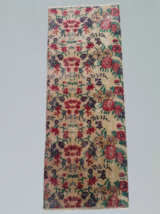 Charming Vintage Floral Runner Rug – 70 x 179 cm (27.5 x 70.4 in) – Handwoven Wool – Purple, Red, Pink & Green – 1970s Turkish Hallway Carpet